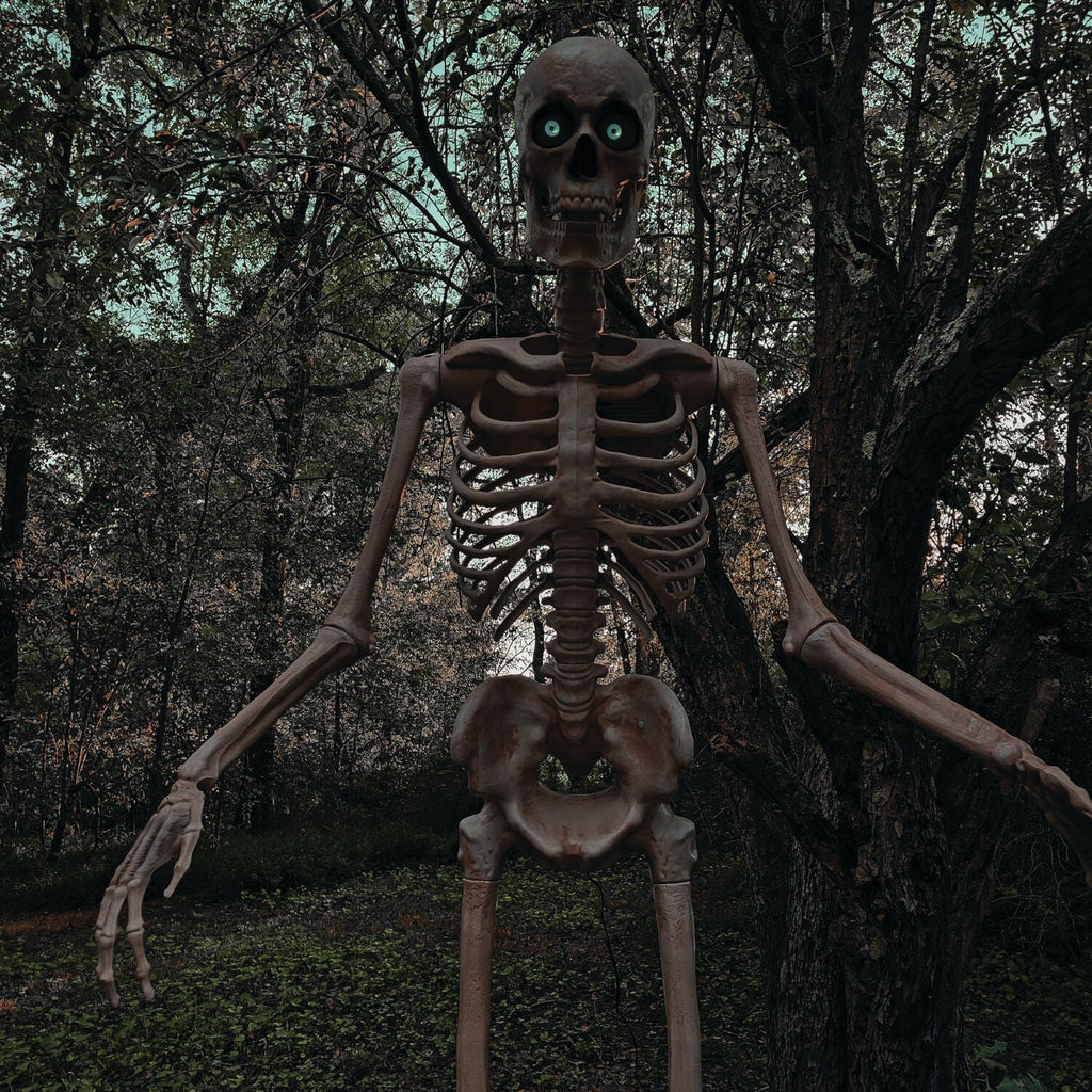 Haunt & Co 8 ft Tall Motion-Activated Towering Skeleton, Premium Talking Halloween Animatronic Decoration, Plug-In