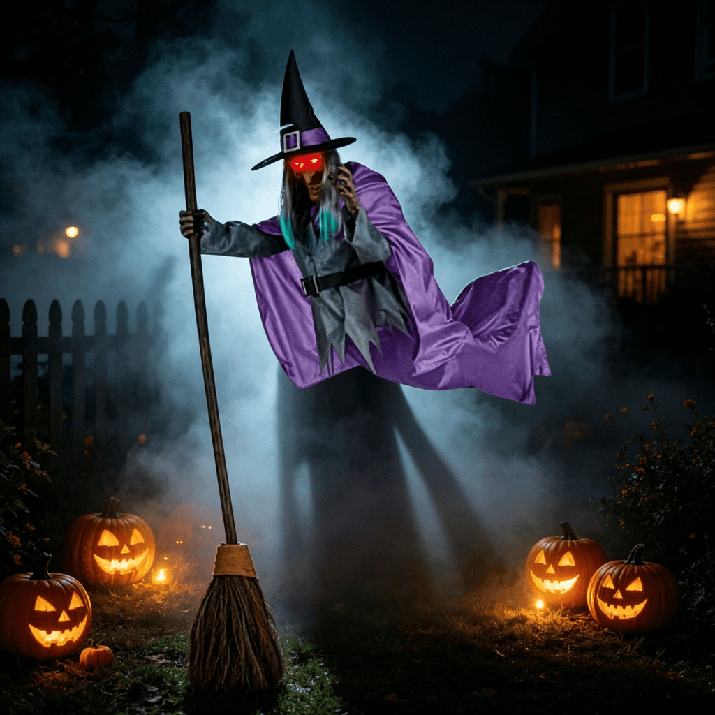 Haunt & Co Witch Decorations Halloween 6 FT Scary Flying Witch Decorations Animatronics Halloween Props with Scary Sounds and Lights Decorations for Outside Indoor Garden Yard