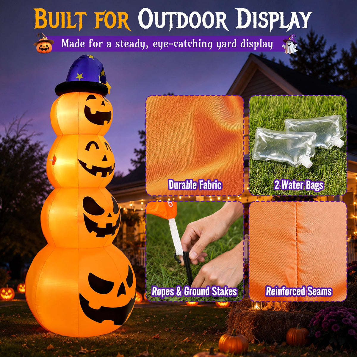 Haunt & Co 8 ft Halloween Pumpkin Stack Inflatable Decoration with Witch Hat, Lighted