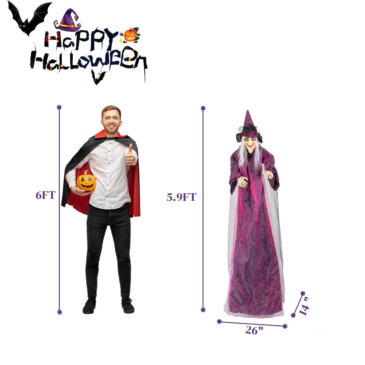 Haunt & Co Halloween Witch Hanging Animated Screaming Witch w/ Pre-Recorded Sound, LED Eyes