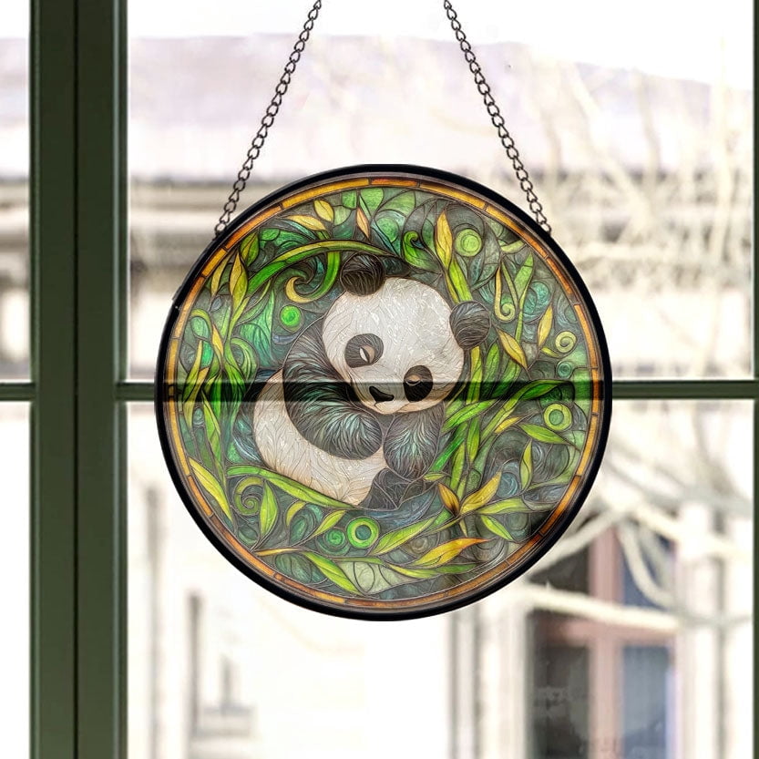 Haunt & Co Boho Panda Among Bamboo Stained Glass Suncatcher Stained Glass Window Hanging Home Decor Garden Halloween Christmas Wedding Housewarming Gifts, Stained Glass Ornament 2025