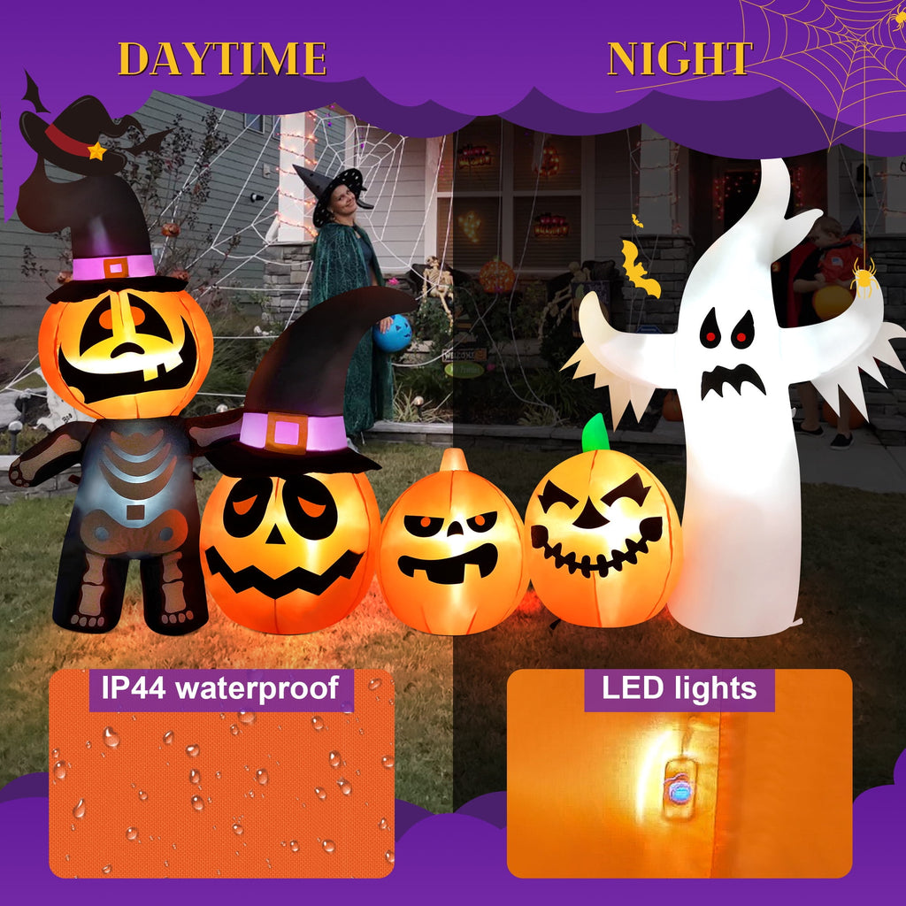 Haunt & Co Vrilay Halloween Inflatables, 7 FT Long 4 Pumpkins with Cute White Ghost Outdoor Decorations, Built-in LEDs, Blow Up Party, Waterproof Yard, Garden, Lawn Decor