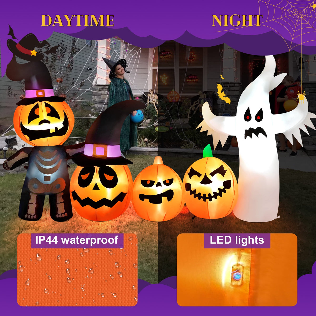 Haunt & Co Vrilay Halloween Inflatables, 7 FT Long 4 Pumpkins with Cute White Ghost Outdoor Decorations, Built-in LEDs, Blow Up Party, Waterproof Yard, Garden, Lawn Decor