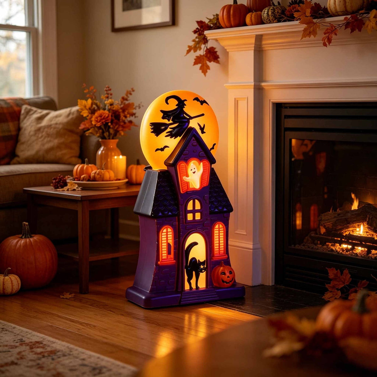 Haunt & Co 11.8 Inch Resin Light Up Spooky Halloween Manor Tabletop Decor Battery Operated LED Witch Ghost Black Cat Pumpkin Scene Lamp Mantel Shelf Indoor Halloween Party Home Seasonal Ornament