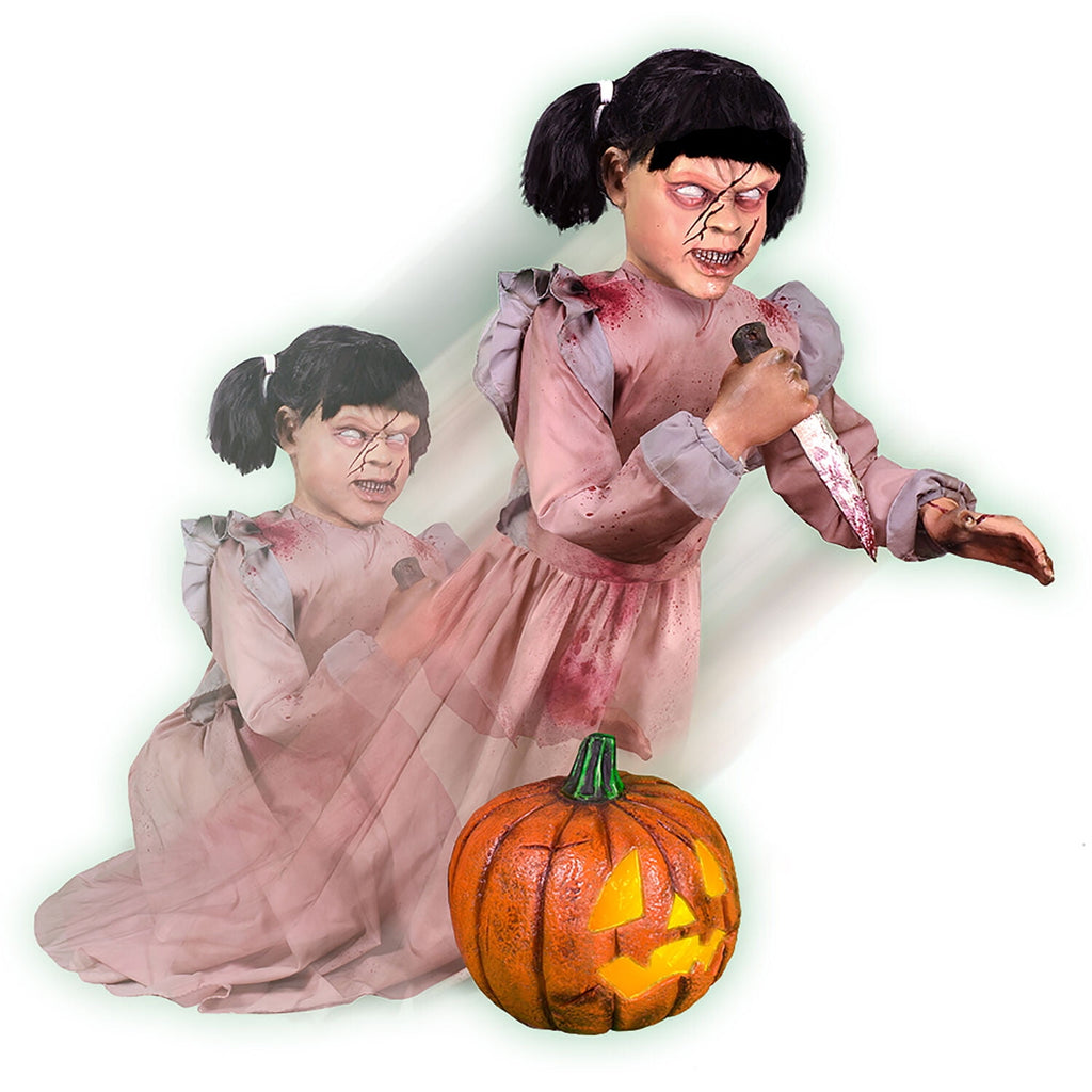 Haunt & Co Lunging Pumpkin Carver Zombie Girl with Jack O'Lantern by Tekky, 3.2 ft Premium Talking Halloween Animatronic