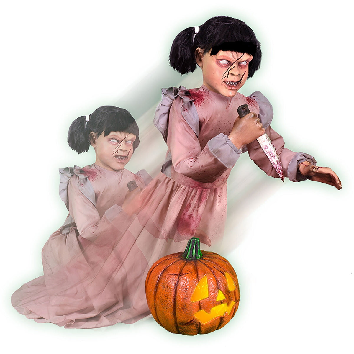 Haunt & Co Lunging Pumpkin Carver Zombie Girl with Jack O'Lantern by Tekky, 3.2 ft Premium Talking Halloween Animatronic