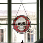Haunt & Co Small Business Christmas Gift - Halloween White Skeleton Skull Spooky Reds Stained Glass Hanging Ornament - Merry Christmas Tree Decor, Thoughtful Holiday Gift for Mom, Dad, Friends, Family