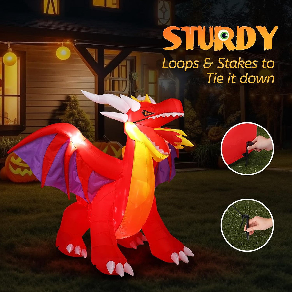 Haunt & Co VINGLI 6FT Tall Halloween Inflatables Outdoor Decorations, Blow Up Scary Fire-Breathing Dragon , Built-in LED Lights Décor