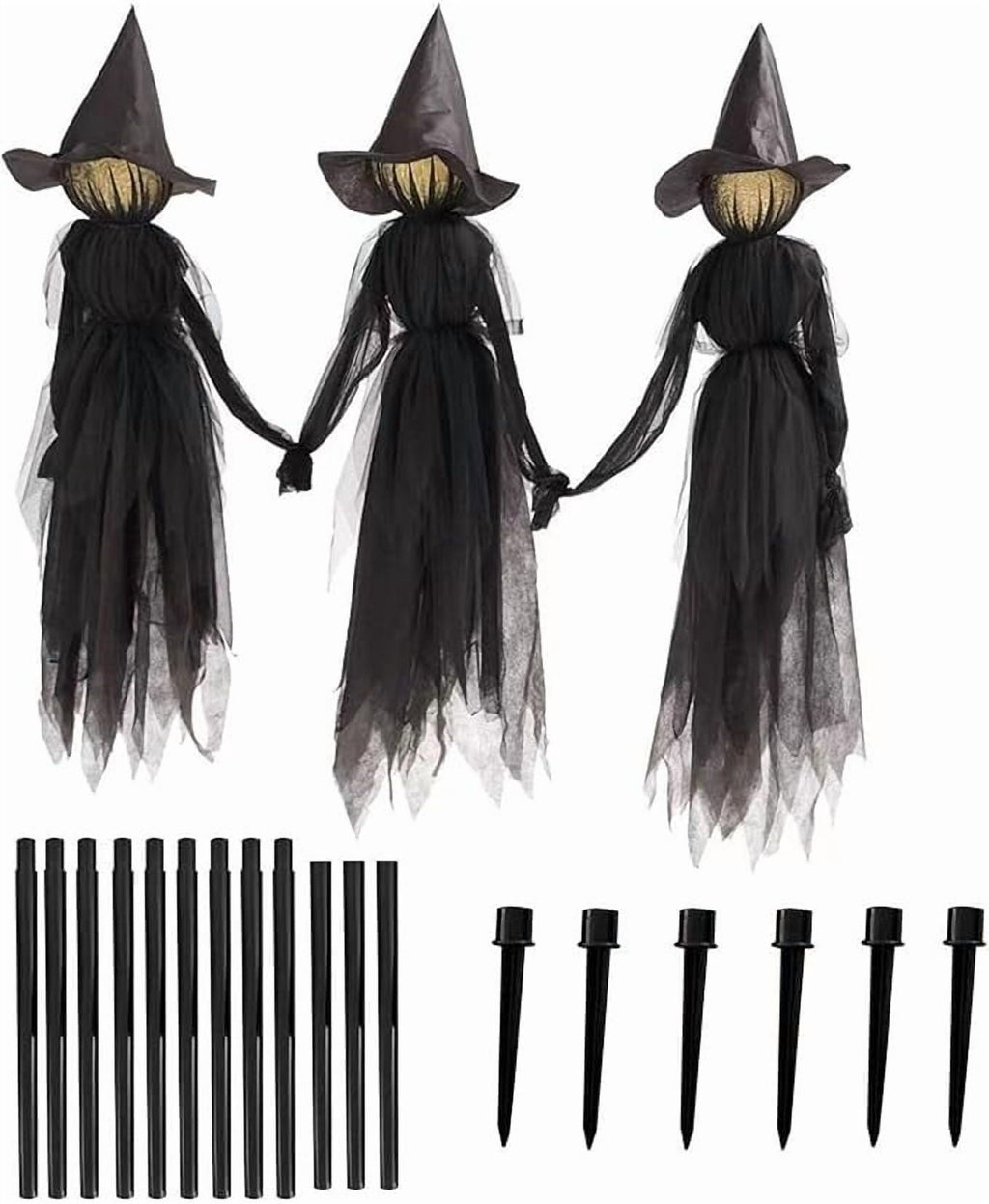 Haunt & Co Halloween Witch Decorations Outdoor, 59" Light Up Witches Holding Hands Witches with Stakes, Voice Control Screaming Life Size Witches Waterproof