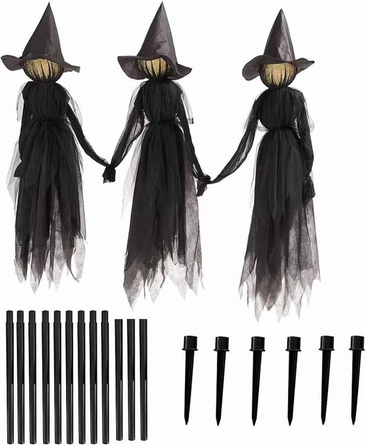 Haunt & Co Halloween Witch Decorations Outdoor, 59" Light Up Witches Holding Hands Witches with Stakes, Voice Control Screaming Life Size Witches Waterproof