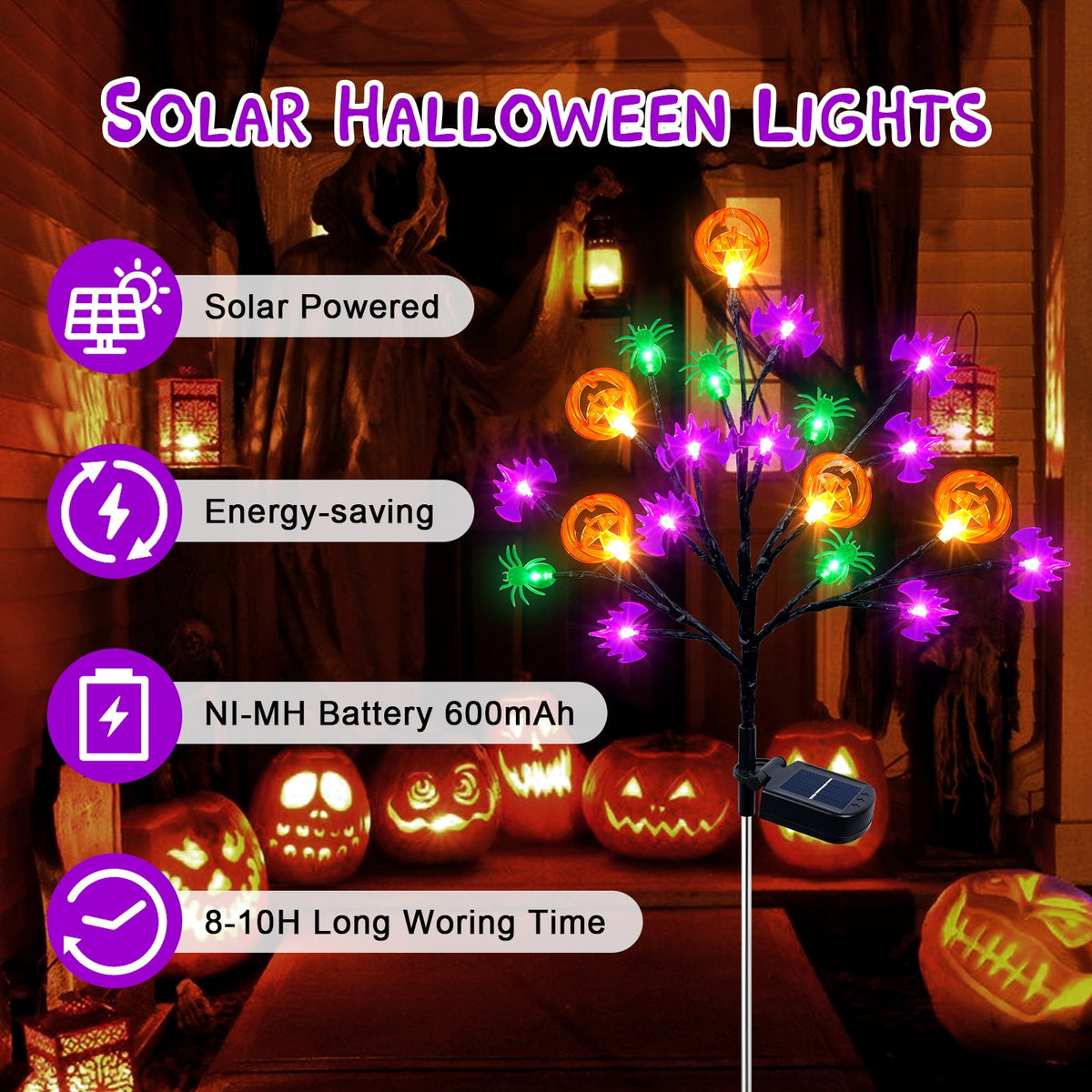 Haunt & Co 2 packs 40 LED Solar Halloween Lights, 2 Modes Halloween Bats Spiders Pumpkin Lights