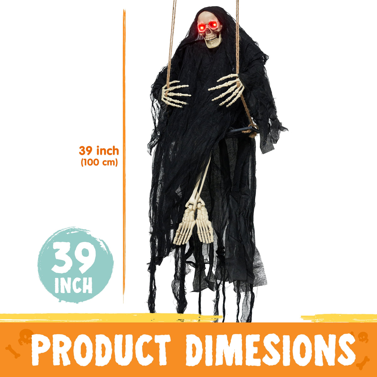 Haunt & Co 3 FT Halloween Hanging Swinging Skeleton,Light Up Creepy Grim Reaper with Black Hood Decorations for Halloween Hanging Decorations Indoor Outdoor Yard Home Decorations
