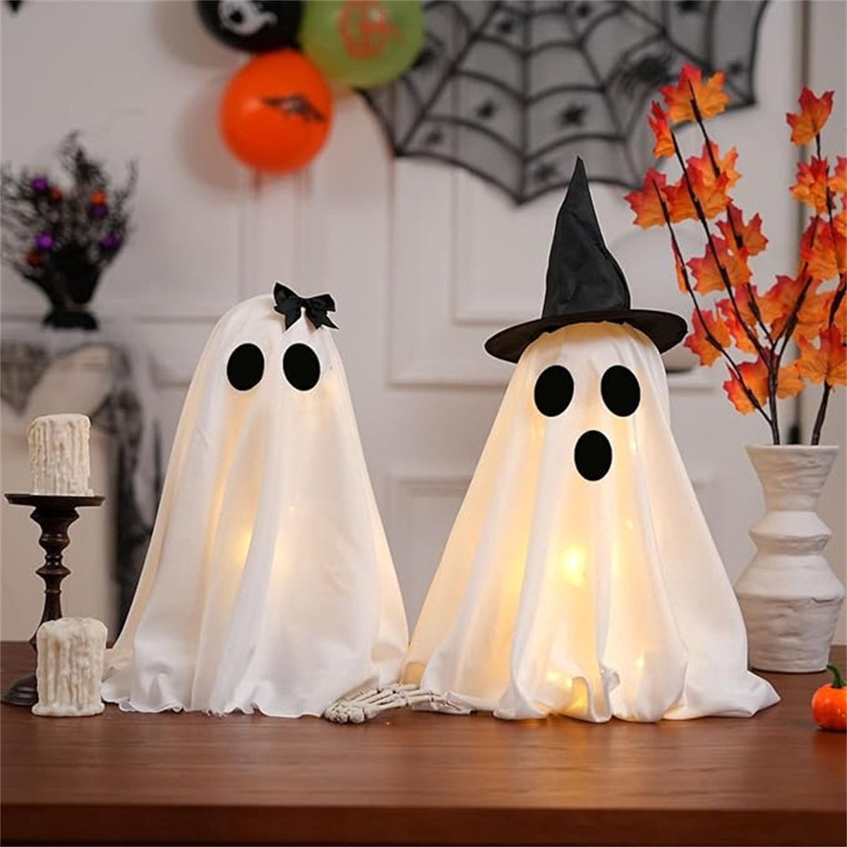 Haunt & Co 2PCS Halloween Ghost Light Set Decoration, Cute Ghost Light up for Home Halloween Party Tabletop Kitchen Counter Fireplace Mantle Decoration