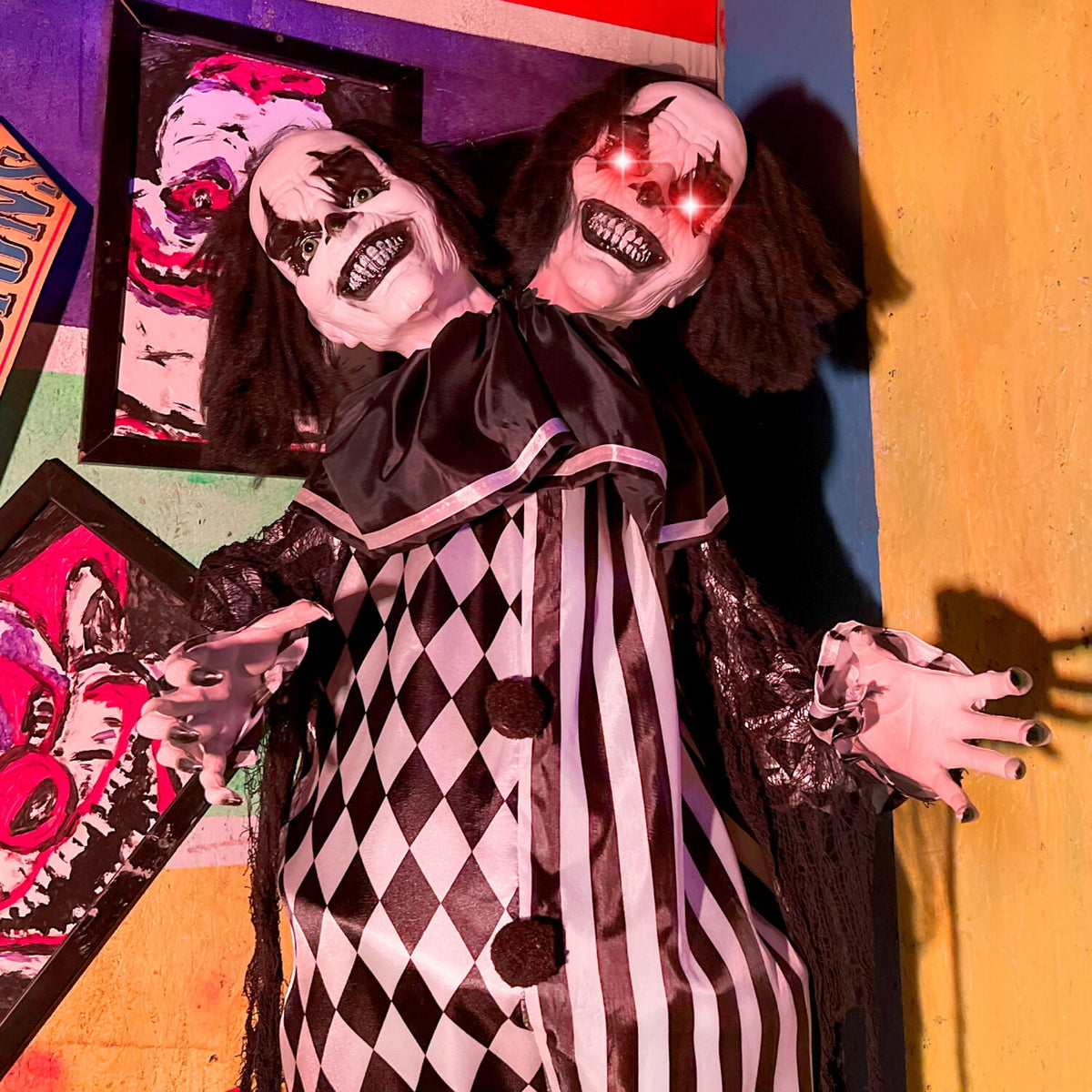 Haunt & Co Lifesize 5.5 ft Animatronic Two-Headed Clown with Lights and Sound, Indoor/Outdoor