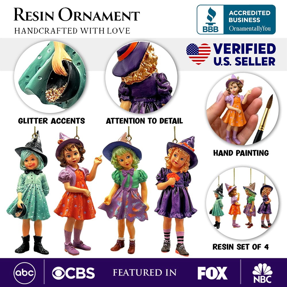 Haunt & Co Classic Victorian Little Witch Girls Set of 4 Ornaments, Vintage Halloween Tree Resin Decoration