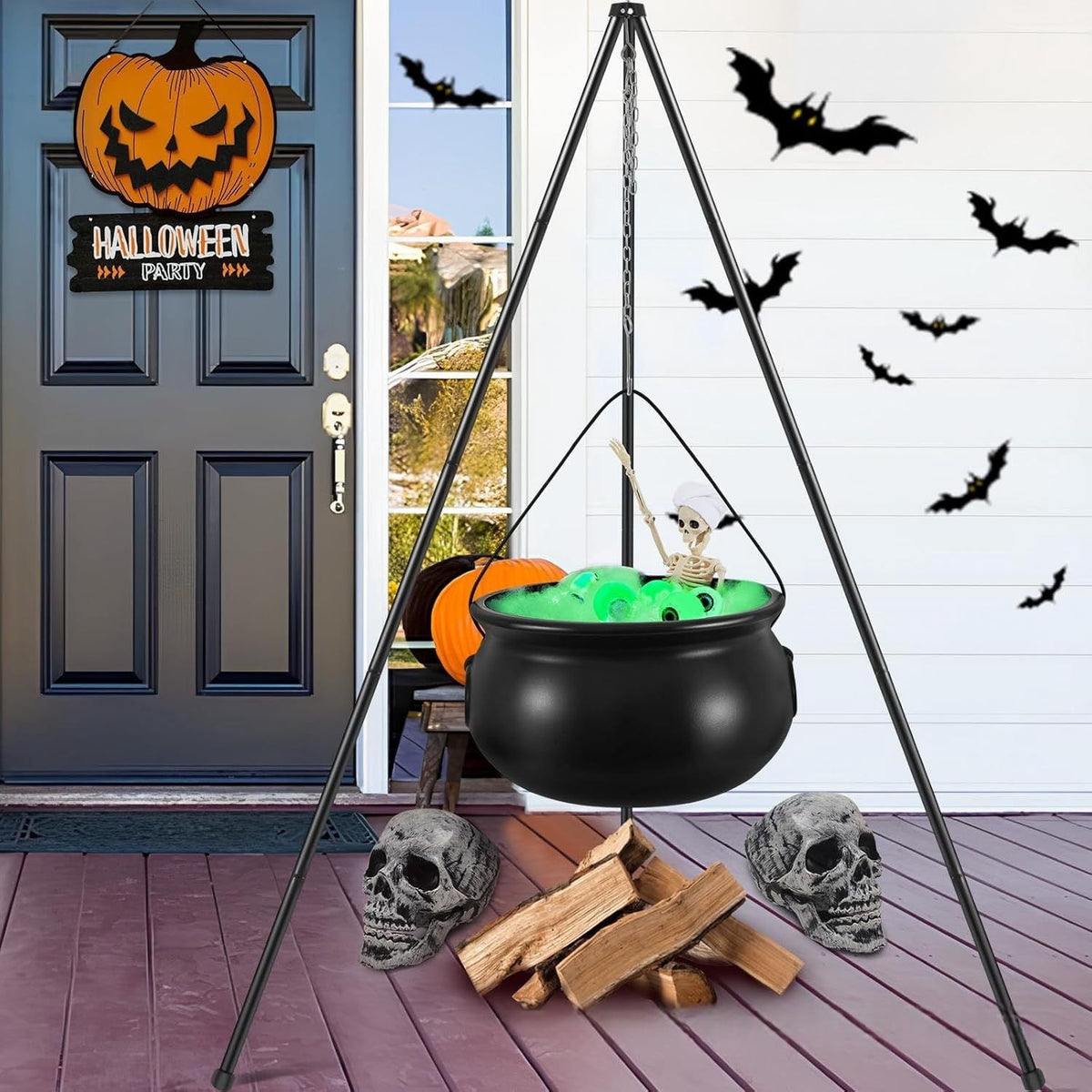 Haunt & Co YIKA Halloween Decoration Tripod Witch Pot Lamp Decorative Strip With Skeleton Man Halloween Ornaments
