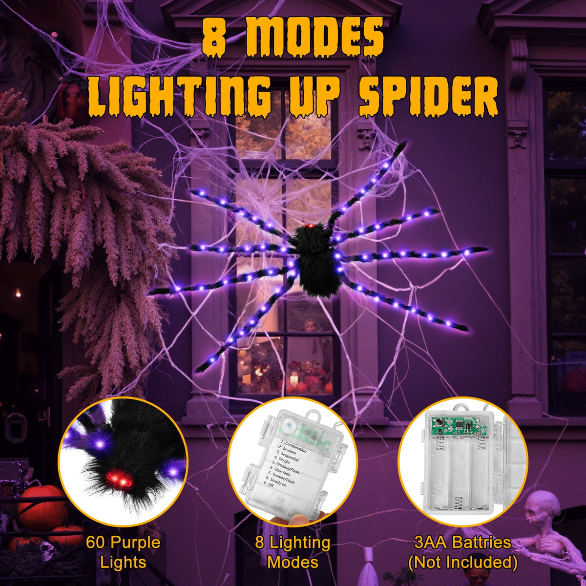 Haunt & Co Outdoor, 5Ft Giant Spider Light Up Spider, 2 Pack Scary Large Halloween Spider Decor for Home Party Favor Yard Decor