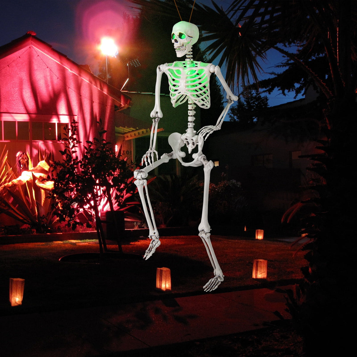 Haunt & Co Costway 5.5 FT Poseable Halloween Skeleton Life-Size Decoration with Built-in Lights Green