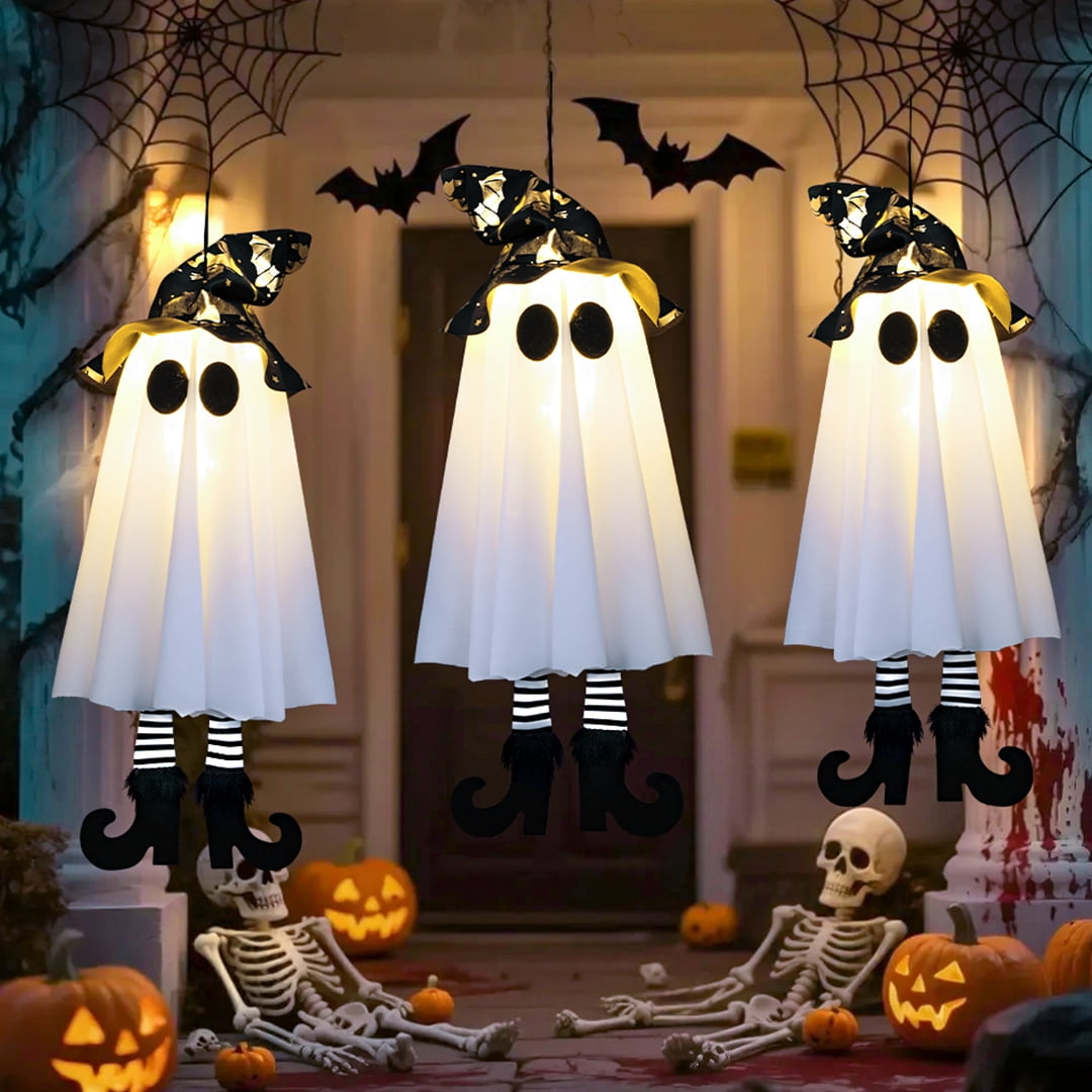 Haunt & Co 18In Set of 3 Halloween Hanging Ghosts, Outdoor Hanging Ghosts with Witch Hat,Glowing Ghost Witch Hat Lights Halloween Ghost Decor