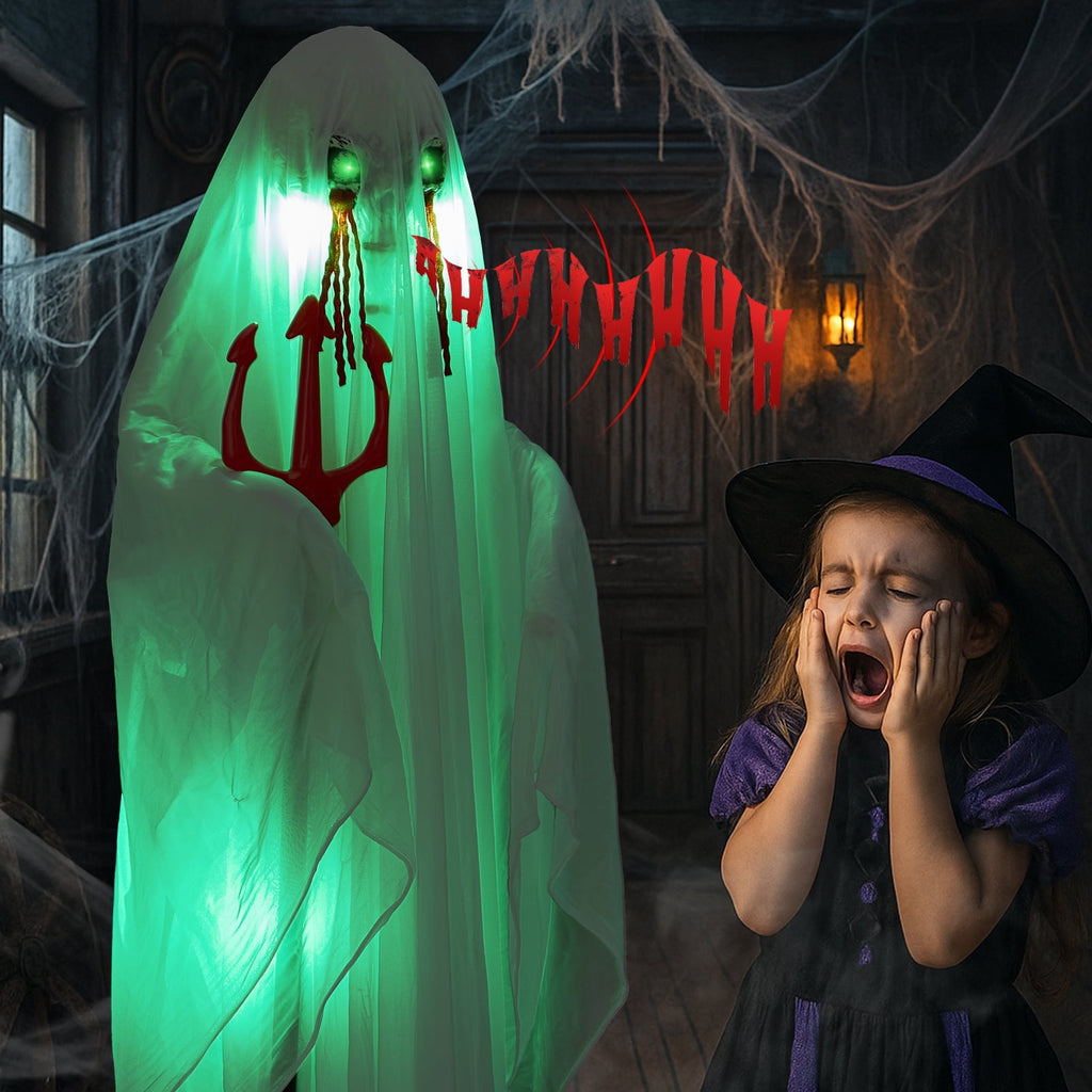 Haunt & Co 4.5ft Hanging Ghost Animated Creepy Halloween Skeleton w/ Pre-Recorded Screaming, LED Eyes