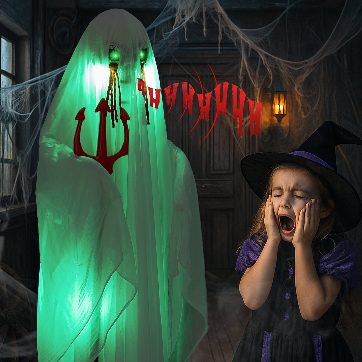 Haunt & Co 4.5ft Hanging Ghost Animated Creepy Halloween Skeleton w/ Pre-Recorded Screaming, LED Eyes