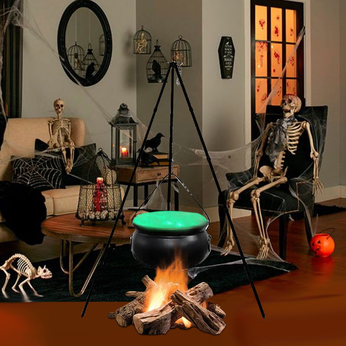 Haunt & Co SDJMa Outdoor, 7.8" Witch Cauldron on 30.7" Tripod with Timer String Lights, Halloween Haunted House Decor