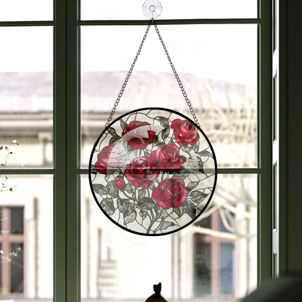 Haunt & Co Christmas Gift Box - Valentine Rose Halloween Christmas Stained Glass Hanging Ornament - Holly & Pine Holiday Tree Decoration, Gift for Friends, Family, Mom & Dad