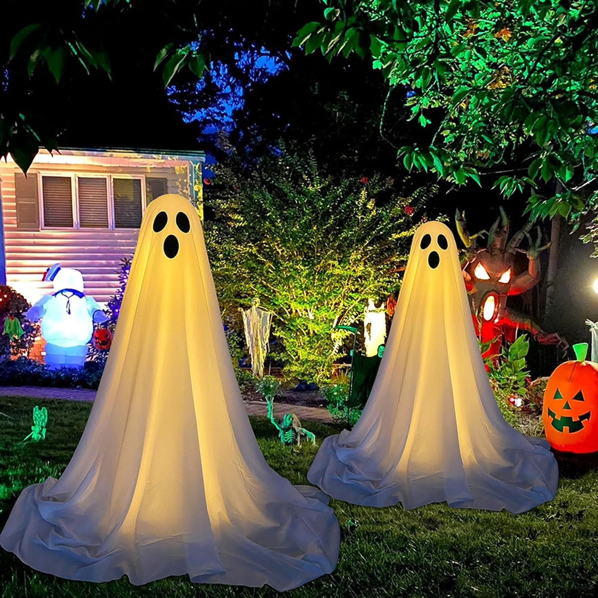 Haunt & Co Halloween Ghost Decorations 8ft Tall Glowing White Fabric Ghost with Light Stand