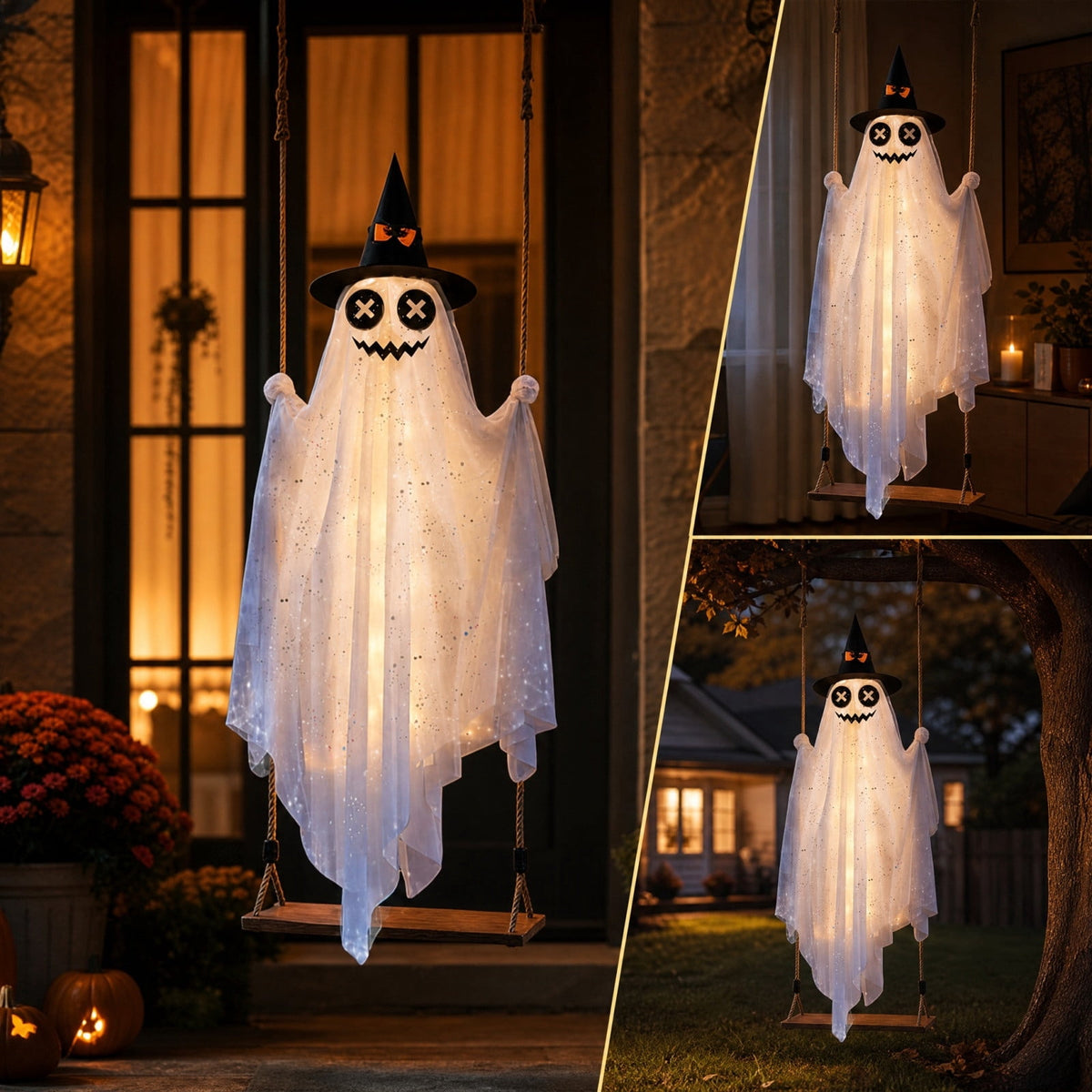 Haunt & Co Halloween Witch Hat Swinging Ghost Ornament, Flexible Anti Deform Structure Quick Mount Soft Cute Appearance, Fabric Ghost Pendant, Hanging Decor for Porch Indoor Holiday Party Space