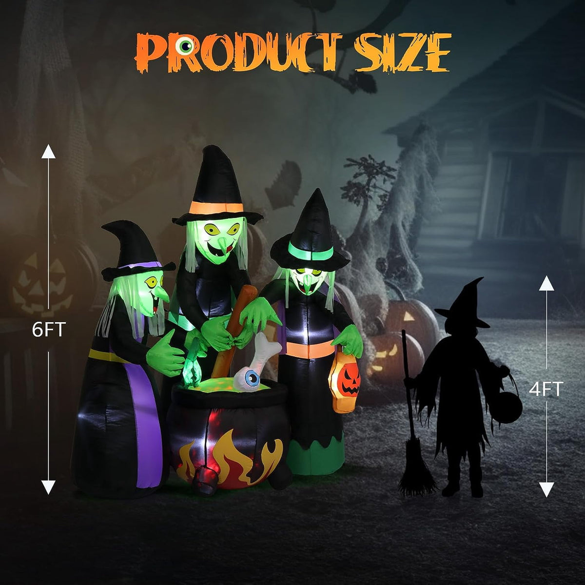 Haunt & Co VINGLI 6FT High Halloween Inflatables Outdoor Decorations, Blow Up Scary 3 Witches , Built-in LED Lights Décor