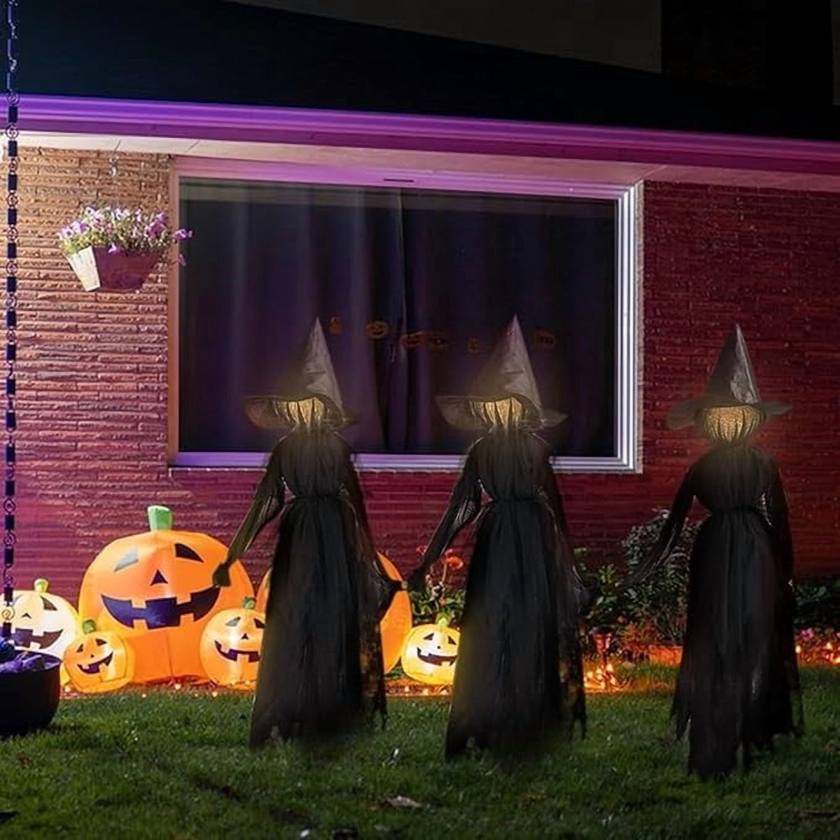 Haunt & Co Halloween Witch Decorations Outdoor, 59" Light Up Witches Holding Hands Witches with Stakes, Voice Control Screaming Life Size Witches Waterproof