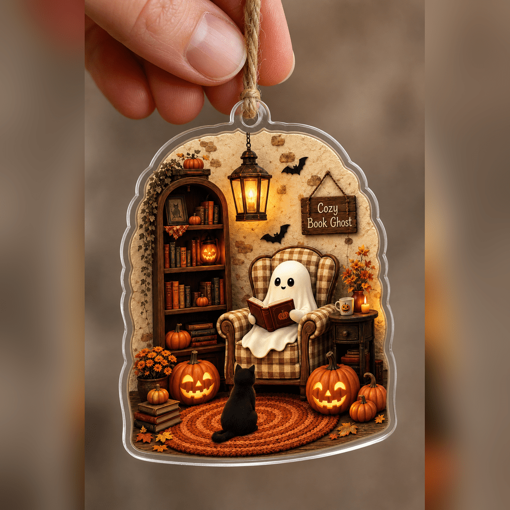Haunt & Co Cozy Reading Ghost Book Lover Acrylic Halloween Hanging Ornament