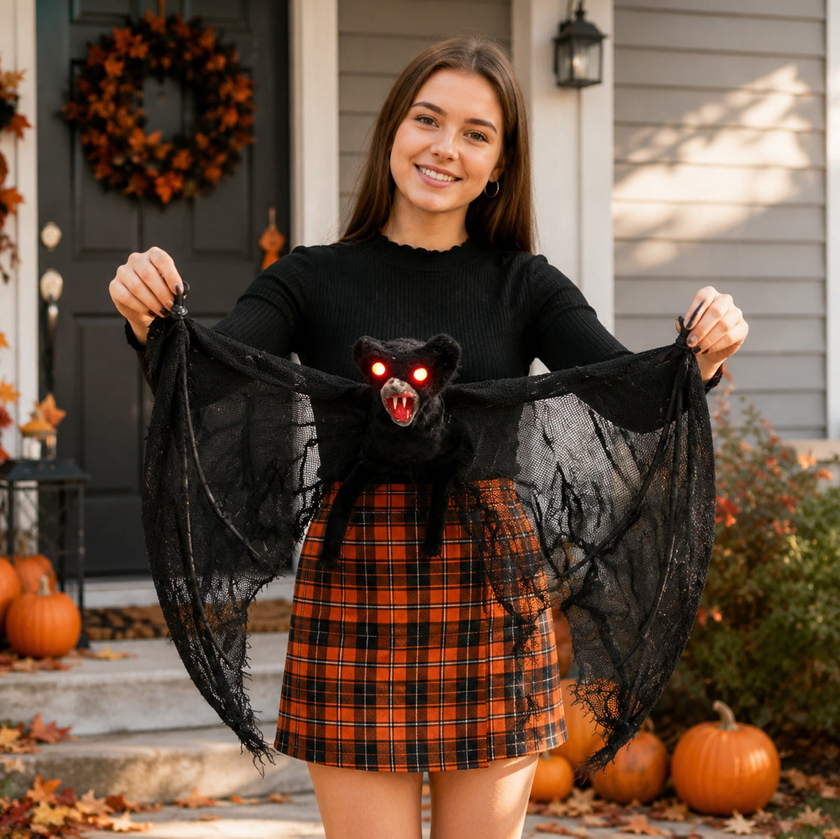Haunt & Co Spooky Halloween Bat Hanging Prop, Large Scary Bat Decoration with LED Red Eyes, Creepy Black Bat Ornament for Halloween Haunted House, Door, Yard Decor