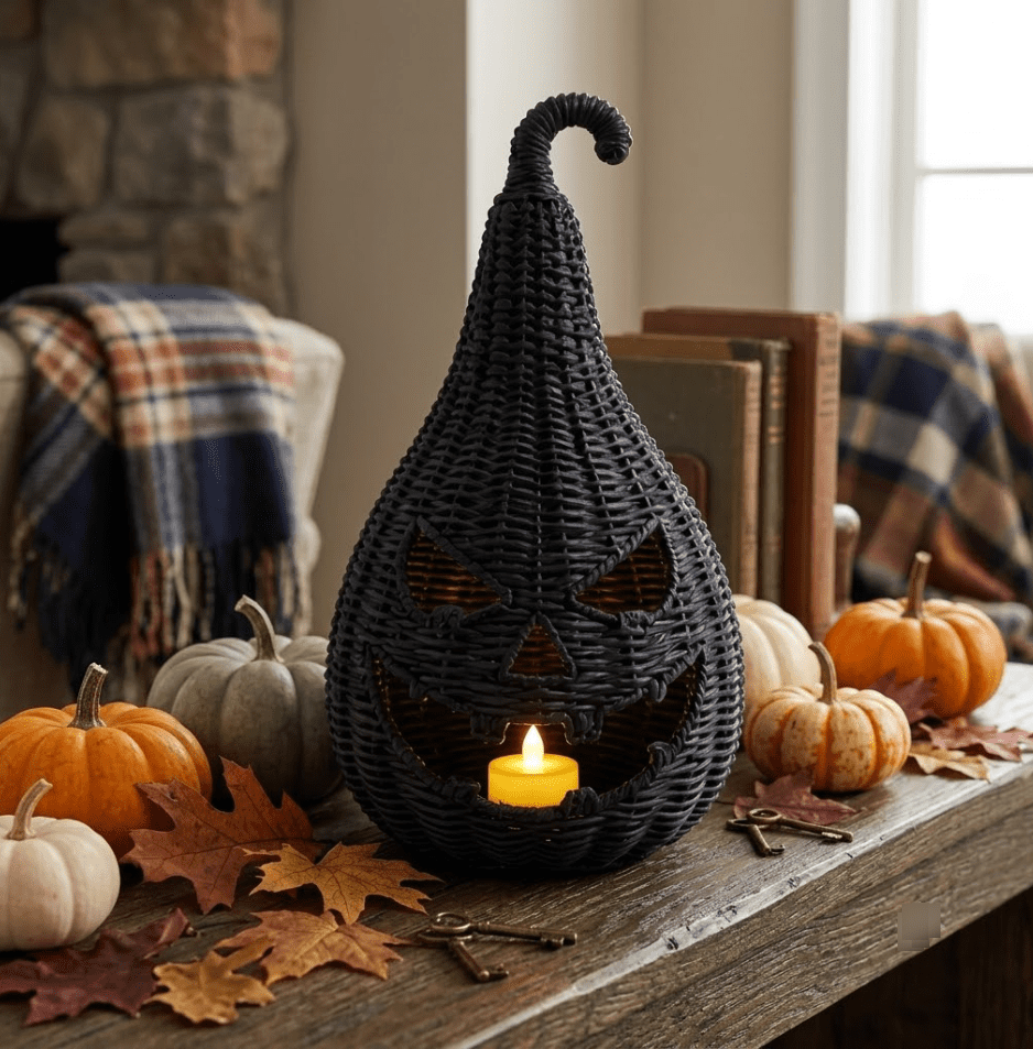 Haunt & Co THOPBPRK 11" Black Handwoven Rattan Teardrop Jack-O'-Lantern Pumpkin Decor, Halloween Tabletop Ornament, Indoor Fall Home Decoration, Pumpkin Ornament for Doorstep Halloween Party