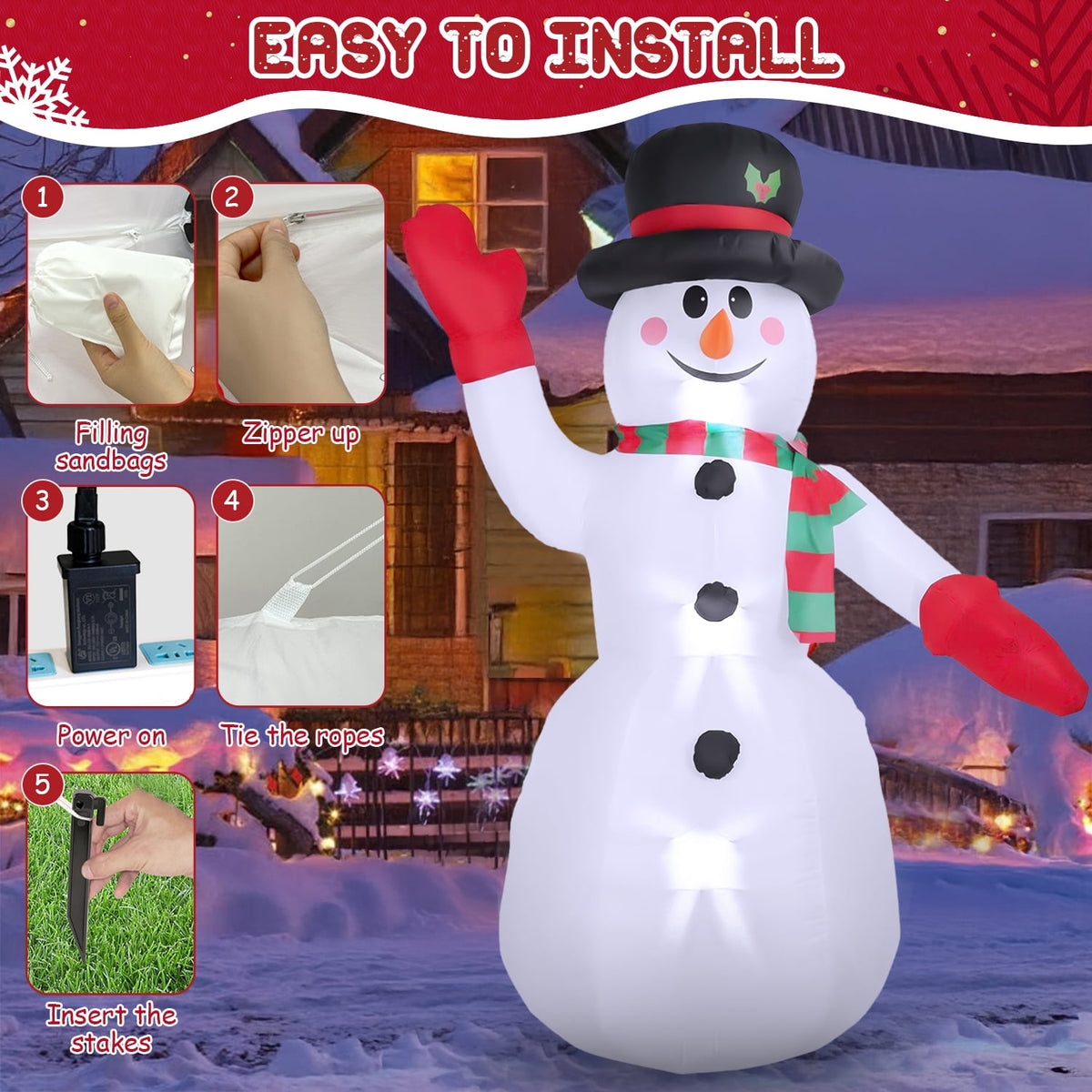 Haunt & Co 8ft Snowman Christmas Inflatables, Blow up with LED Lights Built-in for Holiday/Party/Yard/Garden Decoration
