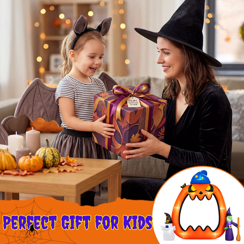 Haunt & Co 8.2ft Halloween Inflatable Pumpkins Photo Door with Ghost Witch Yard Party Outdoor Decorations with LED Lights