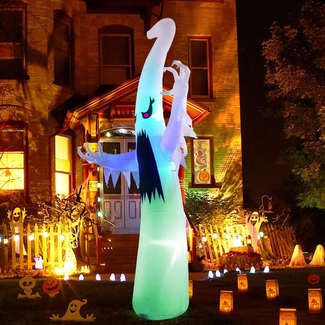 Haunt & Co 12 FT Height Halloween Inflatable Outdoor Colorful Dimming Ghost, Blow Up Yard Decoration Clearance with LED Lights Built-in for Holiday/Party/Yard/Garden