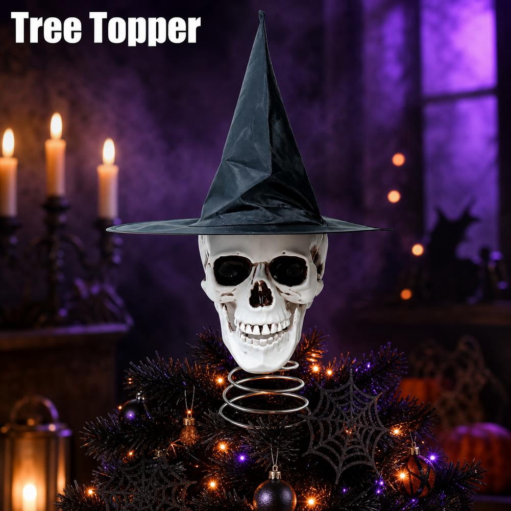 Haunt & Co Halloween Tree Topper, Skeleton Xmas Tree Topper, Halloween Skeleton Trees Decoration, Plastic Skull Ornament with Metal Spring Base, Spooky Holiday Home Party Decor