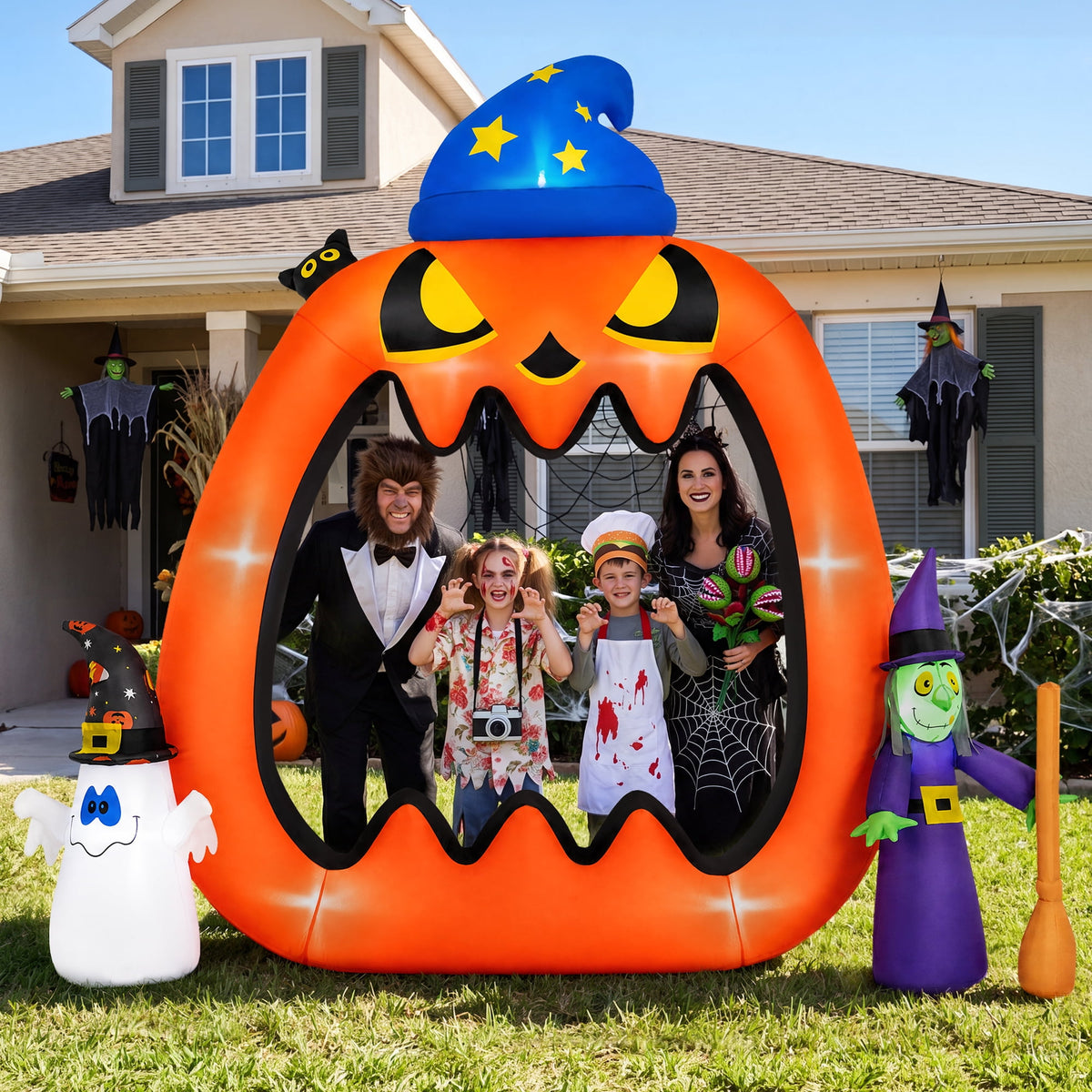 Haunt & Co 8.2ft Halloween Inflatable Pumpkins Photo Door with Ghost Witch Yard Party Outdoor Decorations with LED Lights