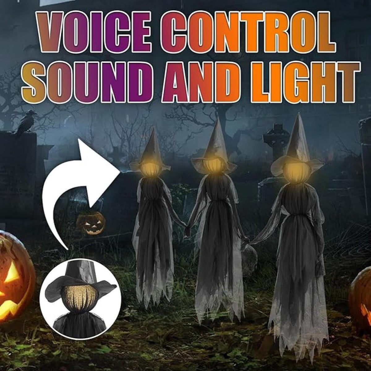 Haunt & Co Life-Size Light-Up Screaming Witches - Outdoor LED Animated Witch with 7 Color Changing Lights & Sound Activation, Scary Yard Decoration