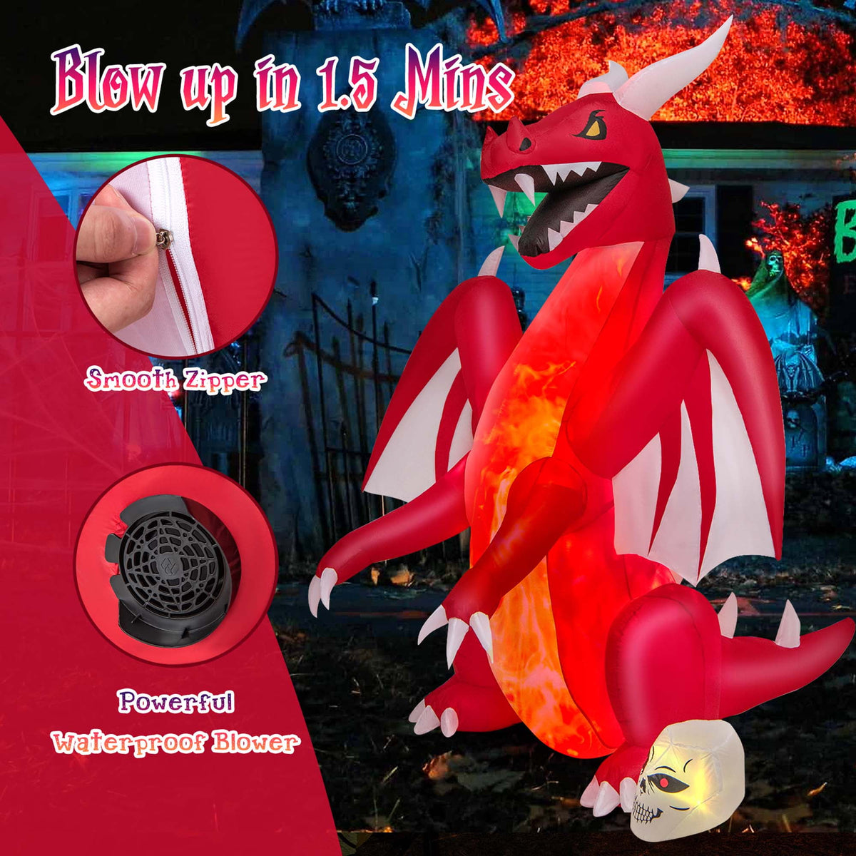 Haunt & Co Costway 8 FT Halloween Inflatable Red Dragon with Wings & Skull Holiday Decoration Light