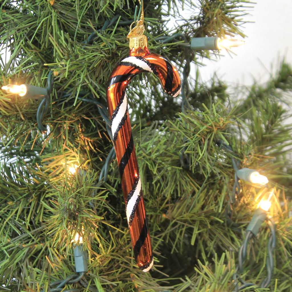 Haunt & Co 5.75In Orange White Black Candy Cane, Glass, Ornament Halloween Stripe 14755