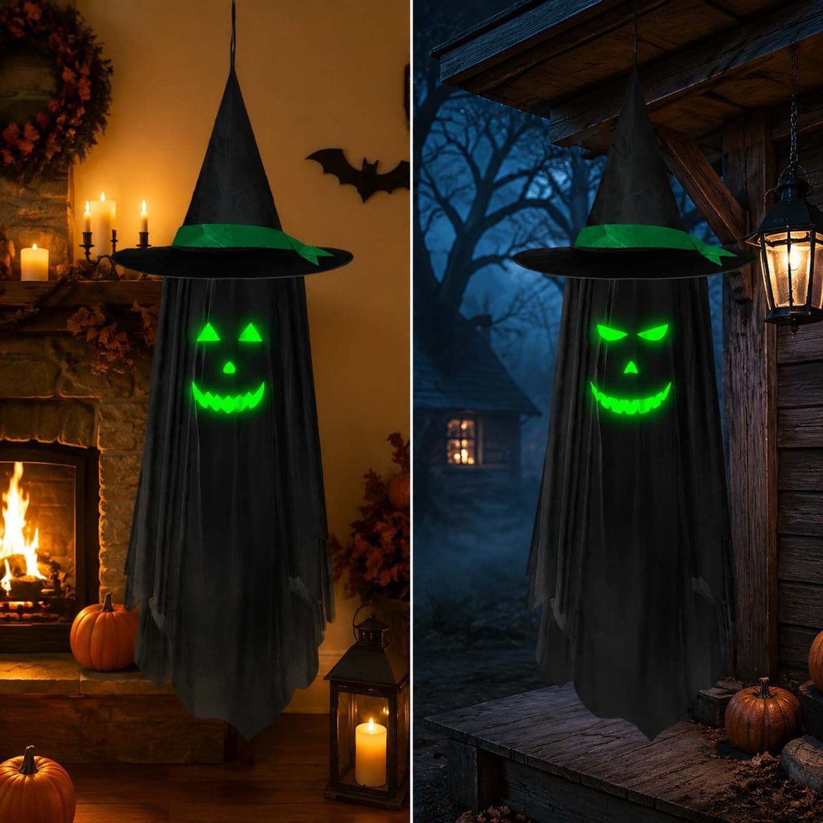 Haunt & Co Halloween Ghost Glow in Dark Outdoor Hanging Ornament 11.8 Inch - Spooky Luminous Pendant with Expressive Face for Yard Porch Tree Party Decor