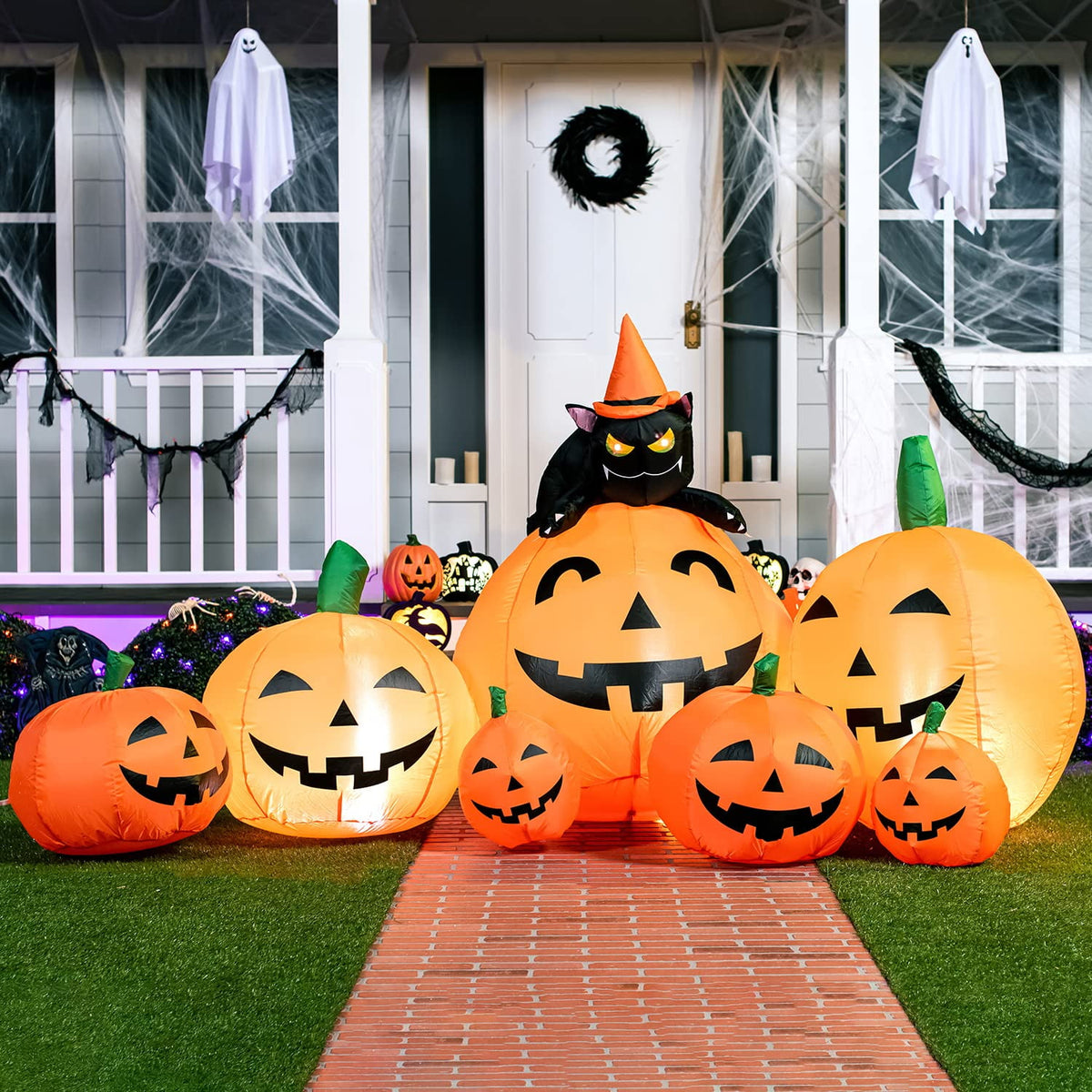 Haunt & Co 7 ft Halloween Inflatable Long Pumpkin with Witch's Cat Decorations Inflatables with Build-in LEDs, Outdoor Blow Up Yard Decorations