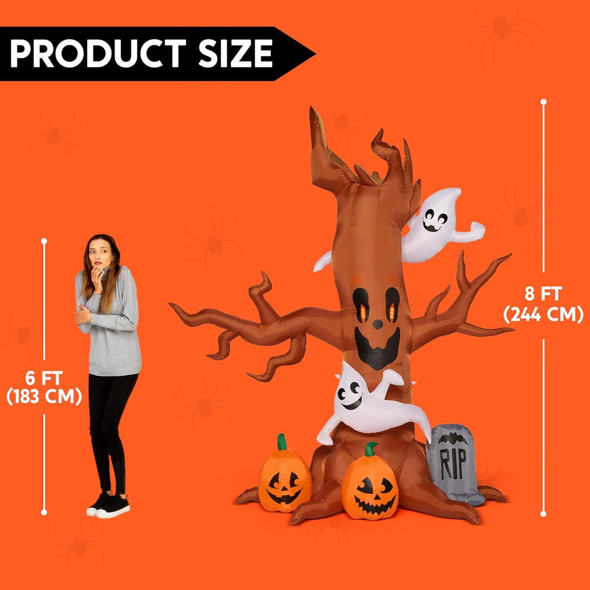 Haunt & Co 8 FT Halloween Inflatables Spooky Tree with Ghost,Pumpkin & Tombstone Tree Blow Up Decor with Built-in LED Lights