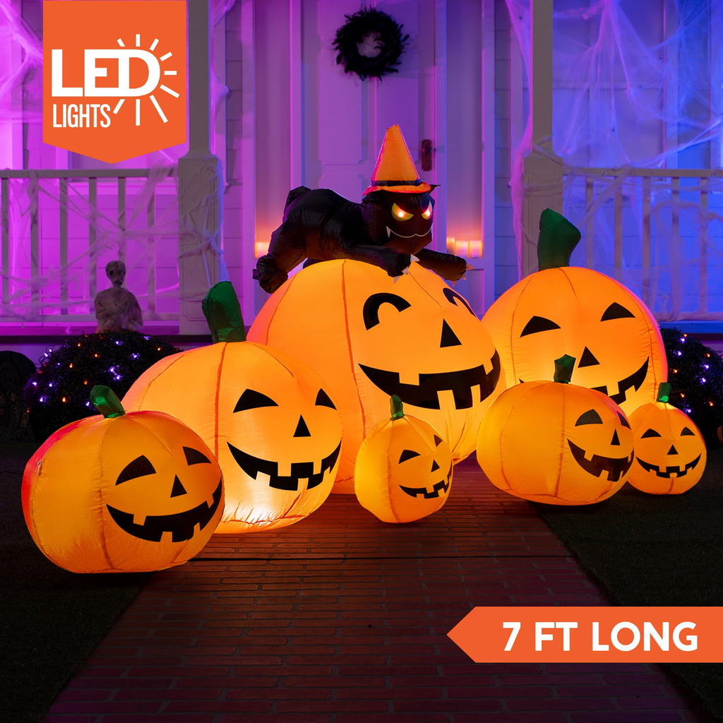 Haunt & Co 7 ft Halloween Inflatable Long Pumpkin with Witch's Cat Decorations Inflatables with Build-in LEDs, Outdoor Blow Up Yard Decorations