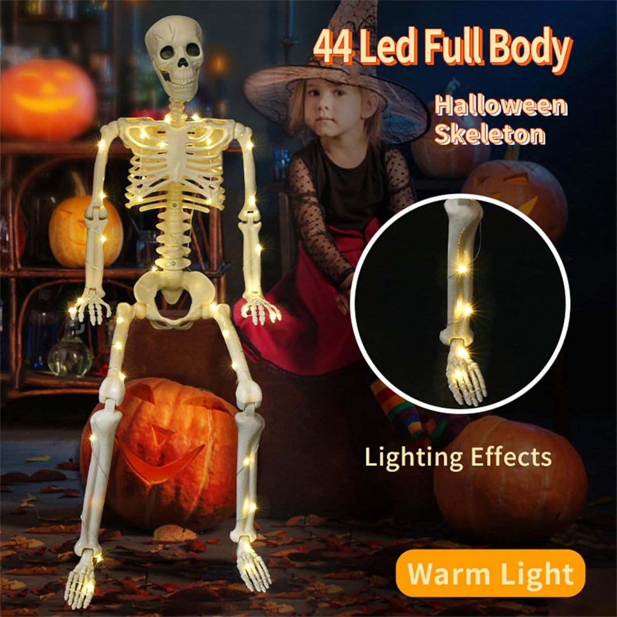 Haunt & Co 36" Full Body Skeleton Decoration,Halloween Posable Skeleton with Lights, Posable Joints Gothic Skeletons Decoration