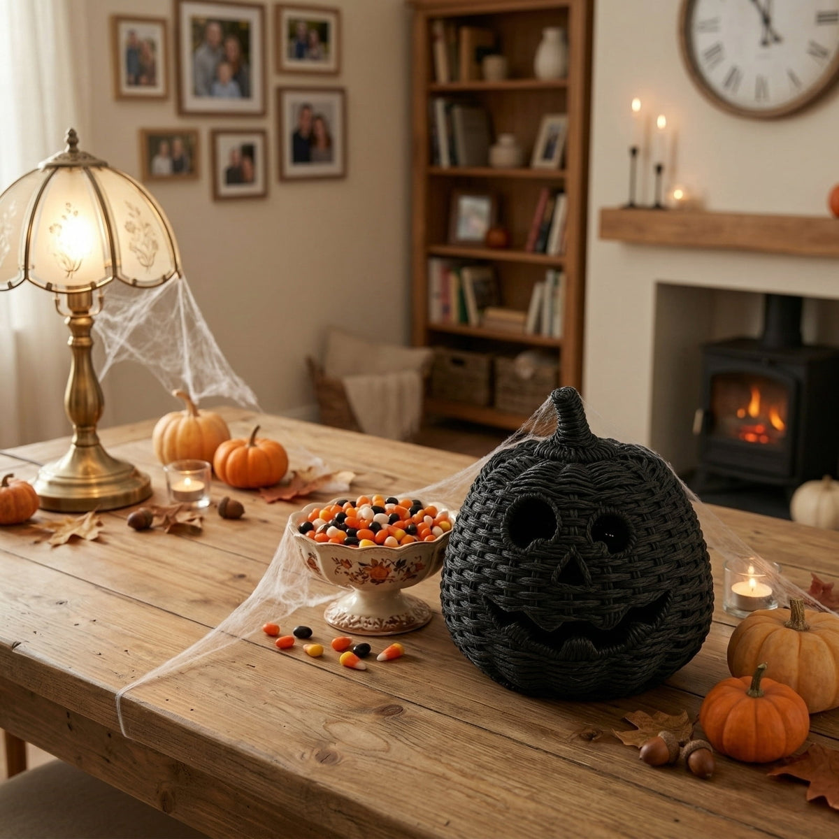 Haunt & Co XHKUYI Halloween Hand-Woven Pumpkin Decorations 10 inch, Happy Haunting Seagrass Plastic Pumpkin Ornament, for Halloween Entryway Tabletop Mantel Haunt House Porch Decor