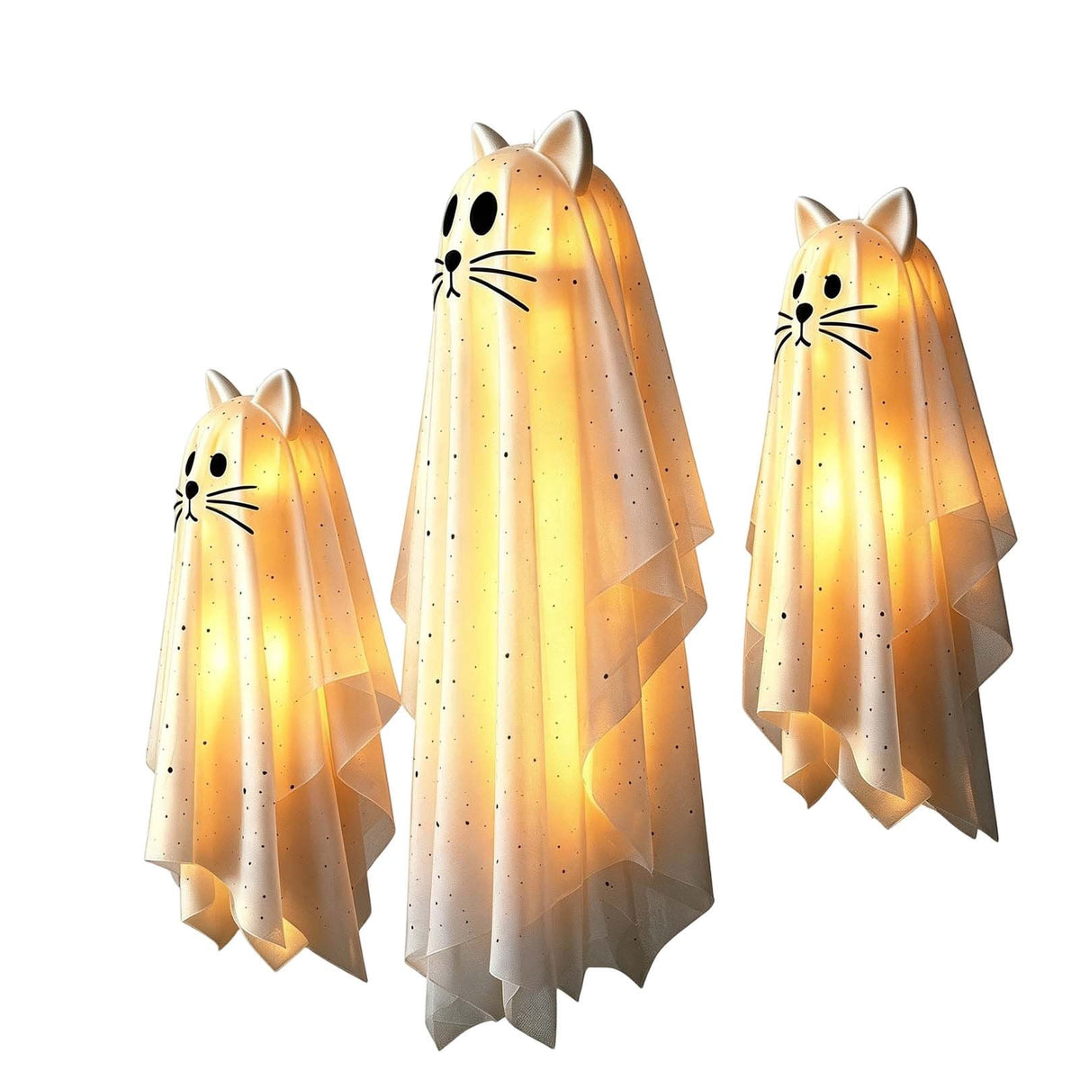 Haunt & Co Hanging Ghost Decorations, 3 Pack Light Up Cat Ghost Ornaments with Warm LED Lights Glitter Fabric Floating Design, Cute Spooky Halloween Decor for Porch Tree Yard Indoor Outdoor
