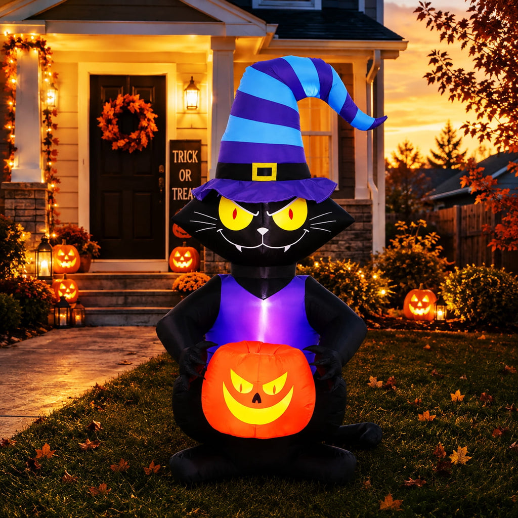 Haunt & Co Toiyjofe 6ft Halloween Inflatable Black Cat with Jack-o'-Lantern & LED Lights, Trick-or-Treat Yard Decoration with Witch Hat
